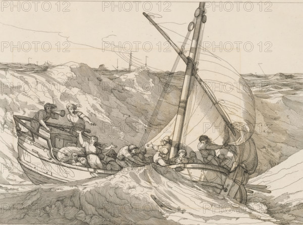 Fishing boat in the waves, print, album page, Print is part of an album., printmaker: Robert Blyth,