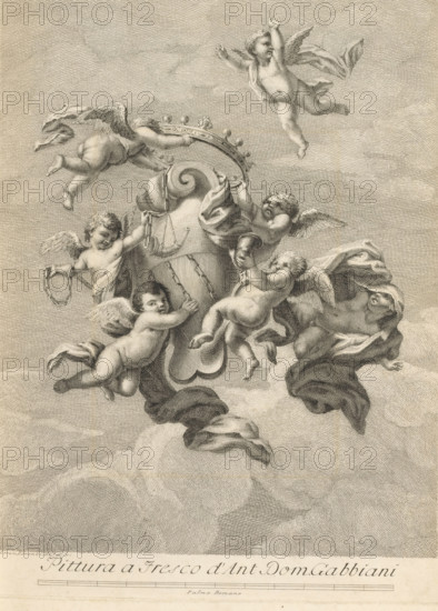 Angels crowning a coat of arms, print, album page, Print is part of an album., printmaker: Lorenzo