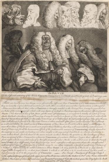 The Bench, Judges, cartoon, print, album page, The central judge is probably John Willes and the