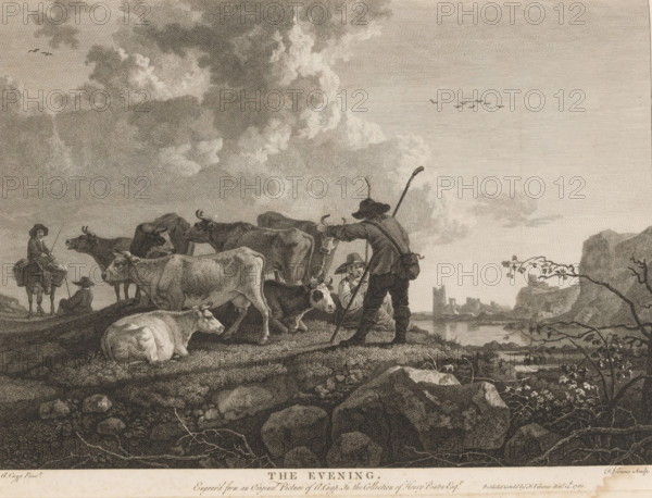 Shepherd drives his cattle, The Evening, print, album page, Print is part of an album., printmaker:
