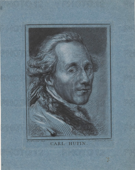 Portrait of Charles Francois Hutin, print, Bust facing right. Print after a drawn self-portrait.