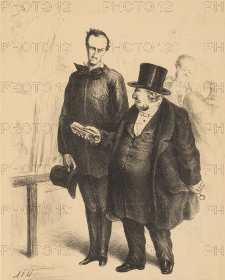 Discussion about portraiture, cartoon, A man tells an artist, in a painting exhibition, how he