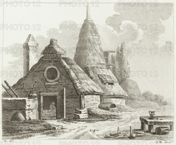 Lime kiln and barn, Drawing examples, first writing, I.er cahier d'etudes, print, album page,