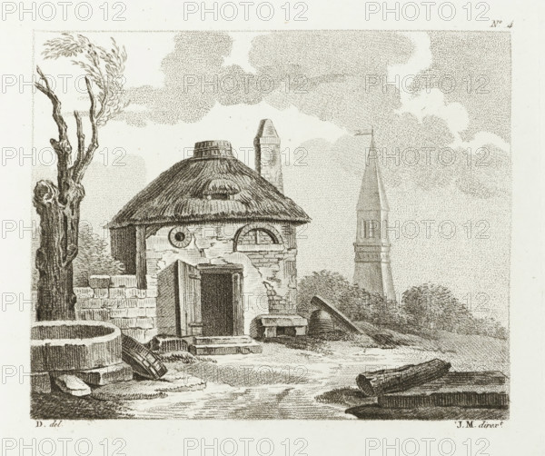 Barn with open door and a tower, Drawing examples, first script, I.er cahier d'etudes, print, album
