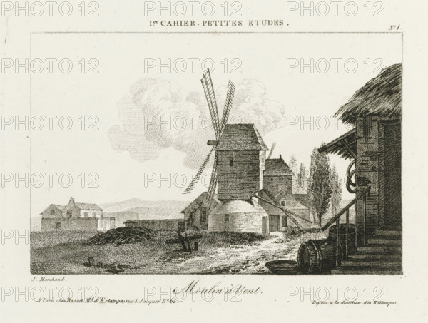 Windmill, Windmills in a landscape, Small drawing examples, first notebook, Irish cahier petites