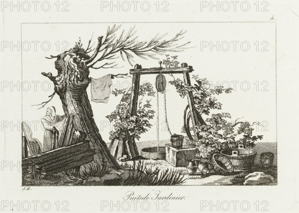 Well with bucket on rope, Puits de jardinier, Ier. cahier petites etudes, Small drawing examples,