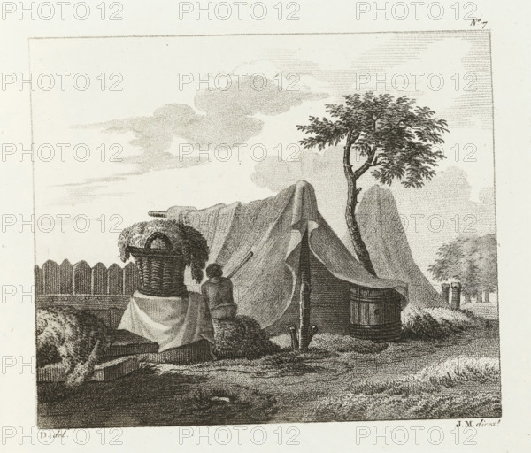 Man sitting next to a full basket near a tent, Drawing examples, second notebook, 2me. cahier