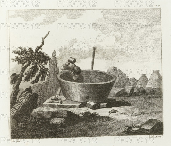 Man with hammer and chisel working on a water tank, Drawing examples, second notebook, 2nd cahier