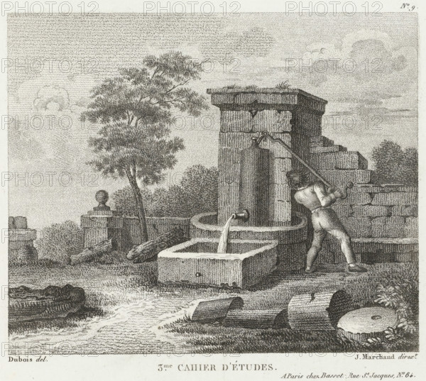 Man at water pump, Drawing examples, third script, 3me. cahier d'études, print, album page, Series
