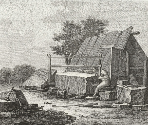 Man sawing a block of stone in half, 3rd cahier d'études, Drawing examples, third notebook, print,