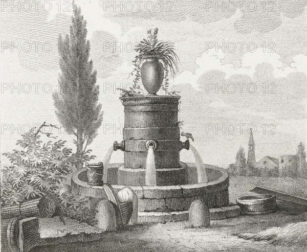 Fountain with laundry baskets, Drawing examples, third script, 3me. cahier d'études, print, album