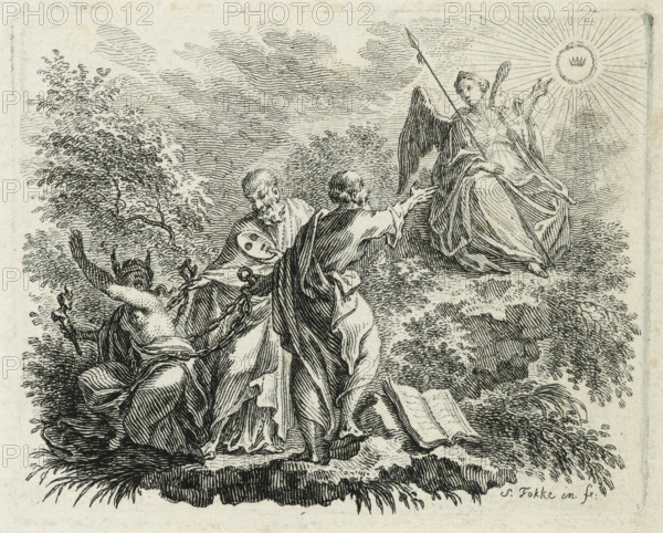 Chained Ignorance, print, Blindfolded Ignorance, with a jester's staff and donkey ears, is held in