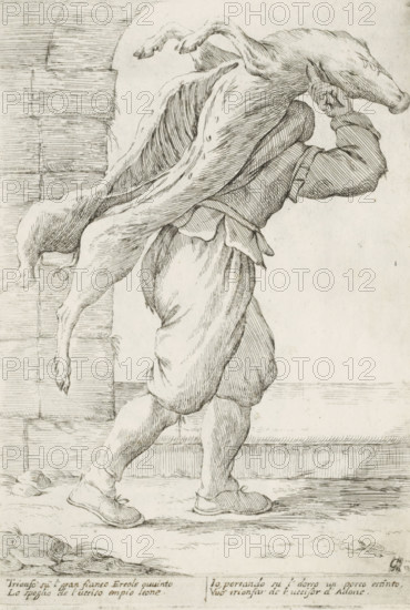 Man with slaughtered pig, Street vendors in Bologna, L'Arti Per Via, print, album page, A man