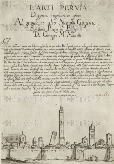 Title page with title, text, and view of Bologna, Street vendors in Bologna, L'Arti Per Via, print,