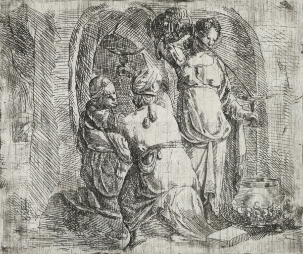 Lot and his daughters, print, Lot, seen from the back, holds a drinking bowl in his right hand. He