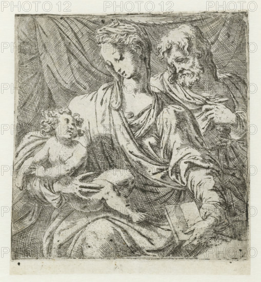 The Holy Family, print, Mary sits with the Christ Child on her lap. Behind them, Joseph stands in