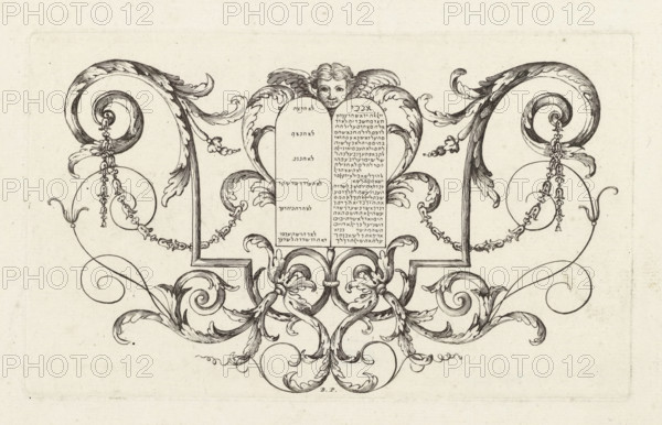 Tables of the Law, print, ornamental print, Vignette with the Tablets of the Law in the center, an