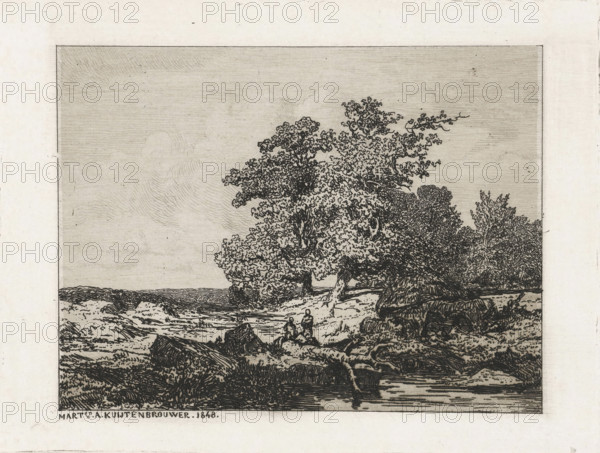 Landscape with oaks, print, Landscape with oaks and a river. In the center two standing figures.,