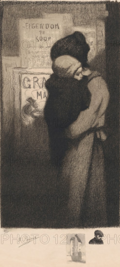 Woman with child, print, Woman with child in her arms in front of a wall with posters, one of which