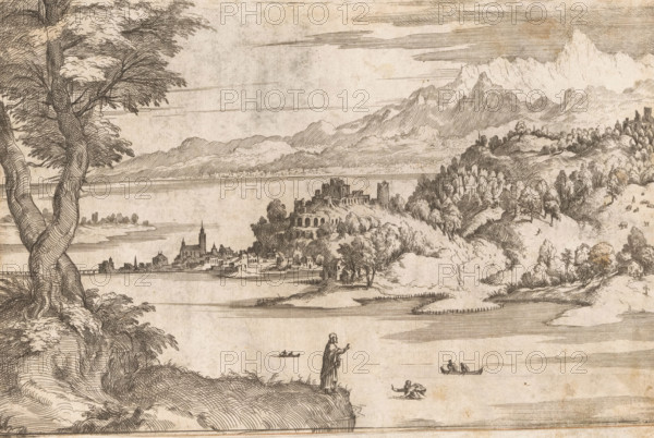 Peter walks on water, Landscapes with scenes from the life of Christ, print, Christ stands on the