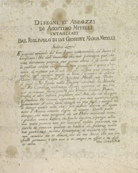 Title print with foreword and dedication, Ornaments, Disegni, et Abbozzi di Agostino Mitelli