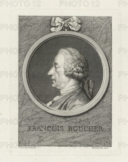 Portrait of François Boucher, print, Bust and profile to the left, in round frame with bow at top
