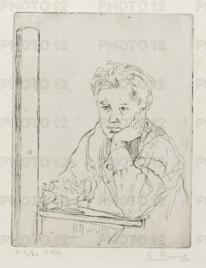 Portrait de l'Artiste., Self-portrait behind an easel, print, printmaker: Auguste Brouet (signed by