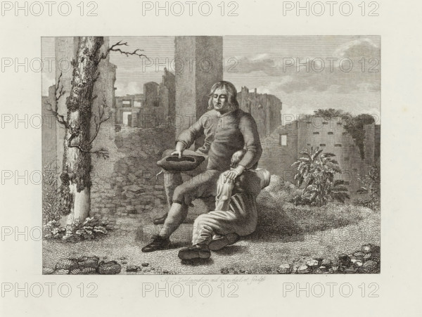 Man with boy in front of ruin, Six landscapes with sculptures drawn from life, print, In front of
