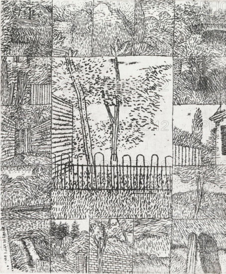 Tree behind small fence, print, Tree behind fence in the center, framed by sixteen equal-sized