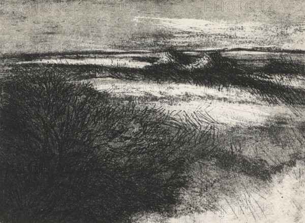 Dune landscape, print, Dune landscape with marram grass, the sea on the left on the horizon.,