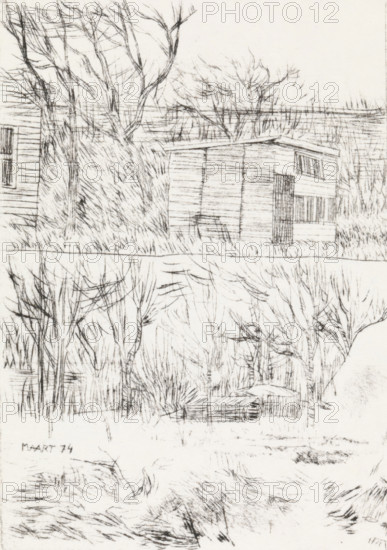 Garden house, print, Two images, the upper one showing a garden house and the lower one a canopy