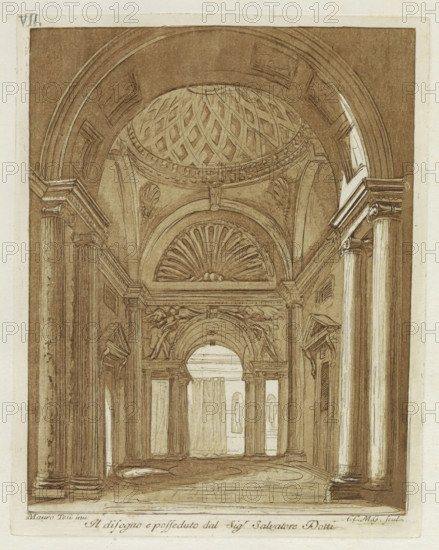 Interior with a dome vault, Raccolta di dissegni originali di Mauro Tesi, print, album page, Print