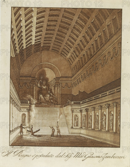 Interior with stairs to an apse with seated male sculpture, Raccolta di dissegni originali di Mauro