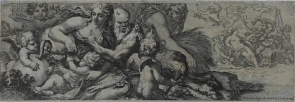 Faun with bacchante and putti, print, collector's mark: 'JJS', printmaker: attributed to Michel