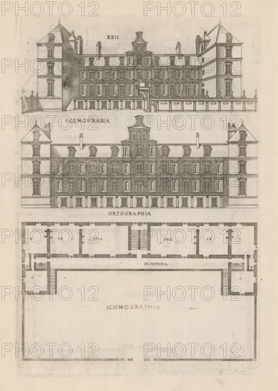 Front and rear facade and floor plan, ornament print, Front and rear facade and floor plan. View
