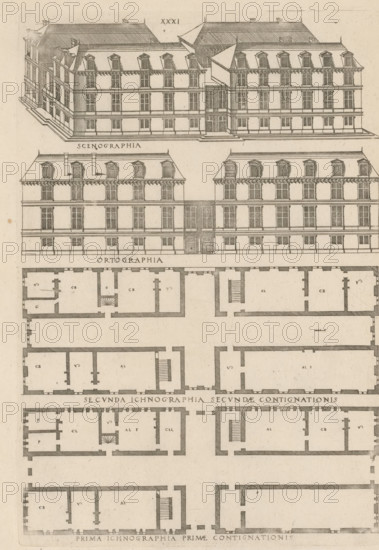 Bird's-eye view, facade and floor plans, ornament print, Building in a bird's-eye perspective,
