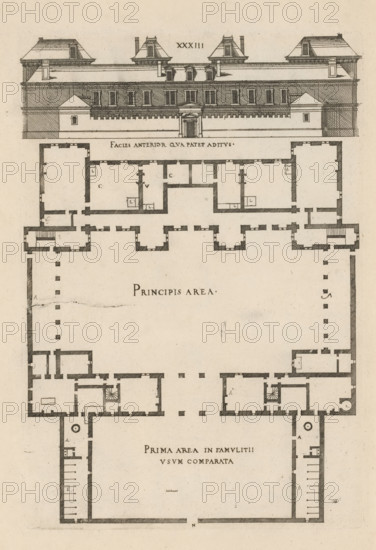 Front facade and floor plan, ornament print, Front facade and floor plan. View and plan of
