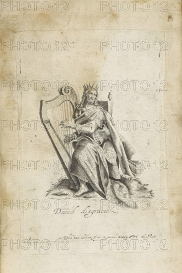 King David playing the harp, David Profugus, David disgracié, print, album page, title page, Series