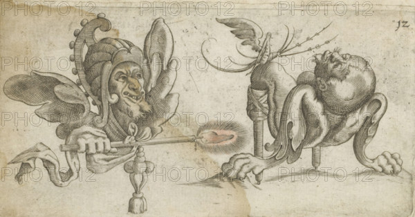 Two grotesques, print, album page, Series number, 12, Two grotesques. The one on the left with