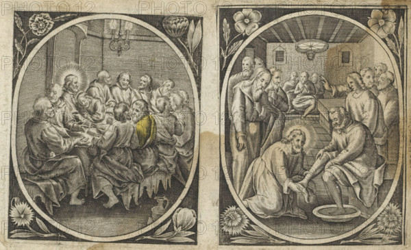 Last Supper, Passion of Christ, print, album page, Christ and his disciples around a table. Christ