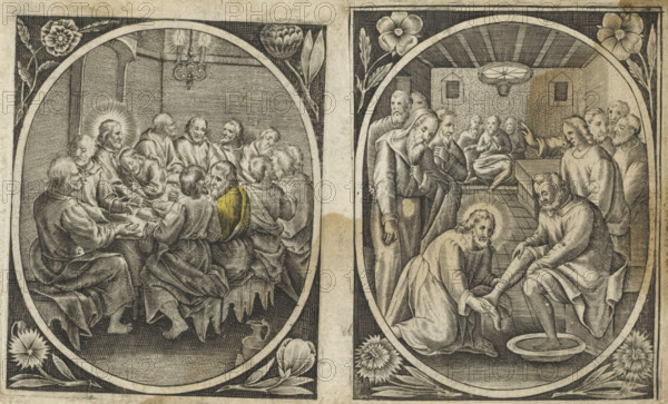 Washing of Peter's Feet, Passion of Christ, print, album page, Christ kneels before the apostle