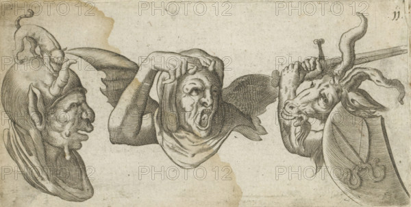 Two devilish figures and a goat with a sword, print, album page, Series number, 11, Two devilish