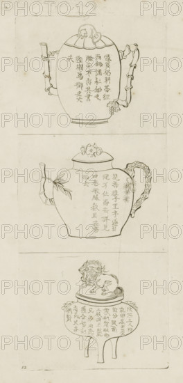 Two teapots and an incense burner, Picturae Sinicae Ac Surattenae, Vasis Tabellisque exhibitae,