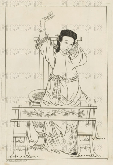 Chinese woman behind an embroidery frame, Chinese women, flowers and birds, print, album page,