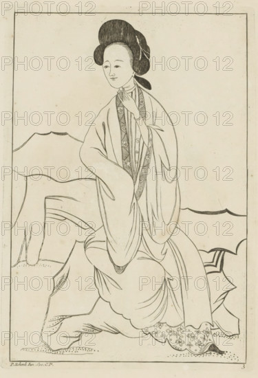 Chinese woman with her right hand in the sleeve of her kimono, Chinese women, flowers and birds,