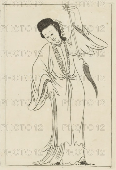 Standing Chinese woman with attribute in left hand, Chinese women, flowers and birds, print, album