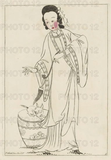 Standing Chinese woman in kimono with an animal, Chinese women, flowers and birds, print, album