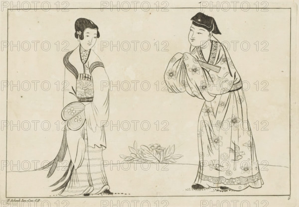 Chinese woman and man, Chinese women, flowers and birds, print, album page, ornamental print,