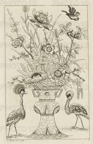 Flower vase flanked by birds, Chinese women, flowers and birds, print, album page, ornamental