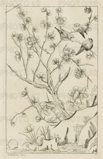 Three birds in a blossoming tree, Chinese women, flowers and birds, print, album page, ornamental